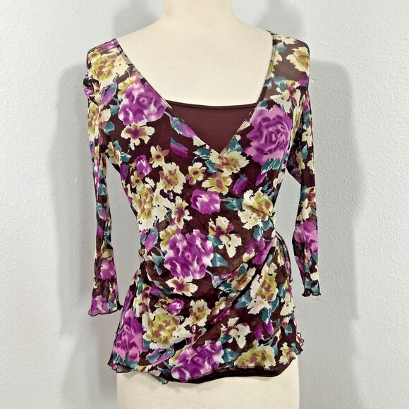 BCBGMAXAZRIA Tops - BCBG Maxazria Top Women S Multi‎ Floral Overlay Mesh Fairycoe Grunge Y2K